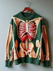 preiswerte Halloween Bluse und Shirts-Damen Pullover Mode Lässig Grafik Skelett Rundhalsausschnitt Patchwork Blumen Gestrickt Langarm Normale Oberteile Stricken Halloween Weiß Rote Herbst Winter