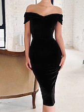 abordables Robe de cocktail-Femmes Robe Midi Robe en Velours Robe de Soirée Robe de Cocktail Robe fourreau Élégant Moderne Soirée Coupe régulière Uni Manche Courte Épaules Dénudées Noir Vin bleu marine Bleu paon Printemps