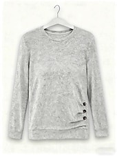 billiga Enkel t-shirt-Dam Blus Ensfärgat Tropisk Stylish Ledigt Långärmad Rund hals Vanliga toppar Dagligen Knappar Rodnande Rosa Himmelsblå Grön Grå Sommar Vår Höst