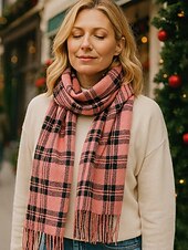 billige Skjerf for kvinner-Juleruteskjerf til dame, varmt vinterskjerf med tartan og frynser, koselig motetilbehør til høytidsfester og utendørs bruk