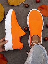 cheap Women's Sneakers-Women's Orange Slip-On Flyknit Sneakers – Breathable Mesh Lightweight Walking Shoes with Chunky Sole for Casual and Sport