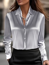  Per donna Camicia Elegant Top in raso A calotta di seta Bottoni Tinta unica Elegante Essenziale Casual Manica Lunga Colletto a Camicia Top Regolari Quotidiano Ferie Blu Argento Nero Bianco Champagne