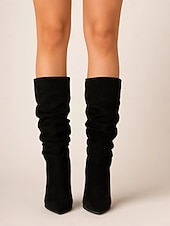 baratos Botas Slouch-botas femininas de salto alto de camurça, bico fino e cano médio em várias cores para looks estilosos de outono e inverno