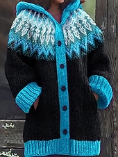 billige Cardigans og yttertøy-Dame Kofte Daglig Fritid Grafisk Geometrisk Riflet Med hette Lomme Knapper Trykt mønster Langermet Lange topper Strikke utendørs Helg Rosa Blå Høst Vinter