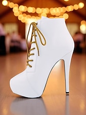 baratos Festa da Vida Noturna-Botas femininas plataforma de couro sintético bege com cadarço - sapatos de festa com salto alto e salto agulha para vida noturna e balada