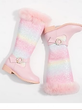 levne Dětská obuv-Dívčí duhové třpytivé kozačky pod kolena s lemem z umělé kožešiny a perleťovou sponou - třpytivé zimní boty pro děti na párty a svátky.