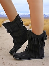 levne Cowboy &amp; Western Boots-Dámské mokasíny s třásněmi do půli lýtek a prošívanými detaily, ležérní westernový styl pro outdoorové a festivalové nošení