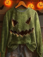 billige Halloween hettegenser og hettejakke-Halloween Kvinners Pullover Monster Grafikk Casual Langermet Crew Neck Regular Topper Gate Dagligbruk Casual Print Lilla Grønn Khaki Grå Høst Vinter