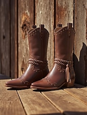 baratos Cowboy &amp; Western Boots-botas de cowboy femininas com tira trançada e detalhes de tachas, calçados estilosos para passeios casuais e eventos com tema western
