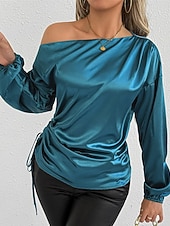  Mulheres Camisa Social Elegant Elegante Top de cetim Assimétrico Côr Sólida Elegante à moda Básico Manga Longa Ombro a Ombro ombro frio Tops regulares Diário Para Noite Azul Primavera Outono