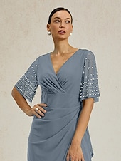 abordables Robe Simple-Femmes Robe maxi Robe fourreau Élégant Couleur Unie Manche Courte Col en V Bleu Poudré Été Printemps Automne