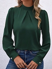 Χαμηλού Κόστους Επίσημες Μπλούζες-Γυναικεία Πουκάμισο Κομψή Φιλάρεσκος Σατέν Μπλούζα Συμπαγές Χρώμα Στυλάτο Καθημερινό Μακρυμάνικο Ζιβάγκο Κανονικά μπλουζάκια Καθημερινά Εξόδου Μαύρο Κίτρινο Πράσινο Ανοικτό Ρουμπίνι Βυσσινί