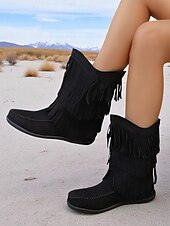 levne Cowboy &amp; Western Boots-Dámské mokasíny s třásněmi do půli lýtek a prošívanými detaily, ležérní westernový styl pro outdoorové a festivalové nošení