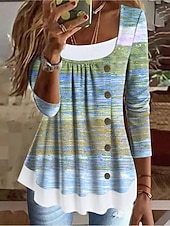 abordables T-shirt rayé et géométrique-Femmes T-shirt A Ombre Graphique Géométrique ancien Élégant Classique manche longue Col carré Hauts Longs Quotidien Week-end Patchwork Boutons Imprimé Rose Claire Bleu Violet Vert Été Printemps