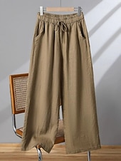 economico Pantaloni in lino e cotone semplici-Per donna Pantaloni in cotone e lino Gamba larga Chinos Vintage Essenziale Casual Lunghezza intera Vita Alta Semplice Tasca Fascia Elastica Comodo Morbido Confortevole Elasticizzato All&#039;aperto
