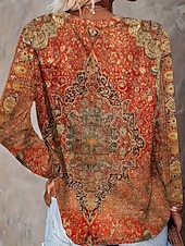 billige Boho t-skjorte-Dame T skjorte Blomstret Grafisk Geometrisk Bohem Årgang Stilfull Langermet Crew-hals Vanlige topper Daglig Helg Ferieklær Trykt mønster Blå Oransje Grønn Vår Høst Vinter