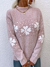 billige Grafiske mønstre og detaljer-Dame Genser Fritid Myk snowflakes Riflet Crew-hals Strikket Langermet Vanlige topper Strikke utendørs Daglig Helg Rosa Mørkegrå Høst Vinter