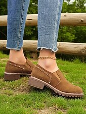 economico Scarpe oxford da donna-scarpe slip-on da donna marrone chiaro con dettagli borchiati, scarpe casual in stile retrò con tacco basso per l'uso quotidiano
