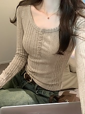 preiswerte Einfarbiges T-Shirt-Damen Bluse Knöpfe Einfarbig Stilvoll Lässig Langarm Rundausschnitt Normale Oberteile Täglich Marineblau Dunkelgray Grau Frühling Herbst Winter