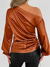 voordelige Elegante topjes-Dames Overhemd Satijnen overhemd Effen Kleur Stijlvol Casual Lange mouw koude schouder Normale tops Dagelijks Uitgaan Asymmetrisch Geel Bruin Lente Herfst