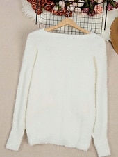 halpa Kiinteät värit-Naisten Neulos Pusero Katutyyli Vapaa-aika Puhdas väri Joustin Tiukka pyöreä kaula-aukko Kudottu Pitkähihainen Tavalliset topit Neuloa ulko- Päivittäin Viikonloppu Valkoinen Syksy Talvi