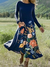 olcso Virágos ruha-Női Midi ruha A vonalú ruha Fit and Flare ruha Szabadság Alkalmi Napi Normál Virágos Grafika Hosszú ujj Terített nyak Sárga Medence Barna Sárgabarack Tavasz Ősz Tél
