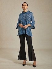 abordables Chemises et blouses-Chemisier femme gris bleu fleuri col montant manches à empiècements transparents ourlet asymétrique coupe confortable décontracté vacances printemps été automne