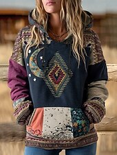 Viking Boho Women's Pullover Hoodie Sweatshirt Graphic Geometric Vintage Casual Boho Long Sleeve Hooded Regular Tops Street Patchwork Print Front Pocket Dark Blue Spring Fall Winter3