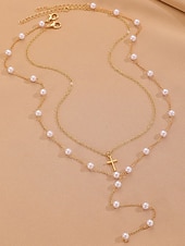 abordables Collar de mujer-Collar de cruz navideña para mujer, cadena de oro en capas con colgante de perla y diamantes de imitación, elegante joyería navideña para fiestas, bodas y regalos.