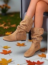 cheap Slouch Boots-Women&#039;s Slouchy Mid-Calf Boots with Floral Cutout Design, Casual Boho Style for Autumn Street and Everyday Wear