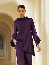 billiga skjortor, toppar och blusar-damblus vinröd enfärgad chiffong tencel roma lapptäcke volang 3/4 ärm hög krage casual elegant vår sommar höst