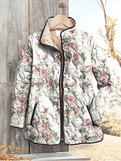 Недорогие Куртки с утеплителем-Жен. Зимняя куртка Пуховик Сохраняет тепло Удобный Карман Пуговицы С принтом Мода Повседневные На открытом воздухе Цветочный принт Отпуск Повседневные Однобортный крой Обычная Воротник-стойка