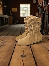 olcso Slouch Boots-Női velúr csizma, fonott bojtos részletekkel, bohém lezser stílusú, kényelmes, lapos talpú cipő, női városi utcai viseletre és mindennapi viseletre.