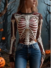 billige Grafiske mønstre og detaljer-Kvinners Genser Søtt Gateklær Løs Grafisk Skjelett Rund U-hals Patchwork Strikket Lang Erm Vanlige Topp Strikk Svart Rød Høst Vinter