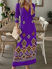 preiswerte Blumenkleider-Damen Maxikleid A Linie Kleid Lässig Täglich Lässiger Schnitt Blumen Langarm V Ausschnitt Gelb Wein Rote Blau Frühling Herbst