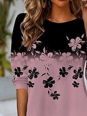 tanie koszulka w kwiaty-Damskie Podkoszulek Nadruk Ombre Kwiaty Graficzny Zabytkowe Elegancki Klasyczny Długi rękaw Półgolf Okrągły dekolt Zwykłe topy Codzienny Brudny róż Wiosna Jesień Zima