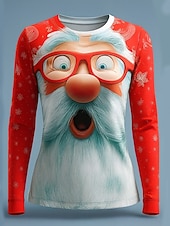 abordables T-shirts de Noël-Noël Femmes T-shirt Graphique Père Noël Lettre ancien Élégant Classique manche longue Col ras du cou Col rond Hauts Réguliers Week-end Imprimé Blanche Vert Claire Rose Claire Rouge Beige Hiver