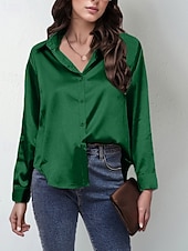  Mulheres Camisa Social Elegant Elegante Top de cetim Botões Côr Sólida à moda Casual Manga Longa Colarinho de Camisa Tops regulares Diário Para Noite Azul Verde Claro Rosa Camelo Verde Primavera