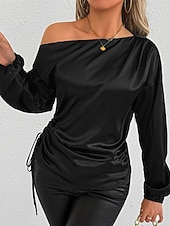 baratos Blusas Elegantes-Mulheres Camisa Social Elegant Elegante Top de cetim Assimétrico Tecido à moda Casual Manga Longa ombro frio Tops regulares Diário Para Noite Preto Verde Primavera Outono
