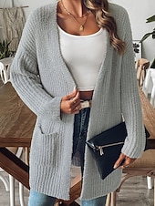 Недорогие Кардиган с открытым передом-Жен. Вязаная ткань Кардиган Уличный стиль На каждый день Сплошной цвет Открытый перед Карман Трикотаж Длинный рукав Обычные топы Вязать Повседневные На выход выходные Черный Белый Осень Зима