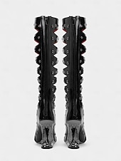 cheap Fashion Boots-Women's Gothic Cutout Knee-High Heels with Spiked Sculptural Wedge - Black Punk Fetish Boots for Halloween, Cosplay and Alternative Fashion Parties