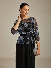 levne Krajkové topy-Dámské Oblečené topy Elegantní 3/4 délka rukávu Tričkový Svatební host Večerní oslava Poloformální Výšivka Iluzivní krajka Černá Jaro Podzim Zima