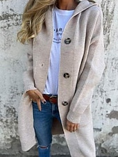 preiswerte Offene Frontstrickjacke-Damen Pullover Strickjacke Streetwear Lässig Einfarbig Mit Kapuze Tasche Knöpfe Gestrickt Langarm Lange Oberteile Stricken Täglich Ausgehen Wochenende Schwarz Gelb Herbst Winter