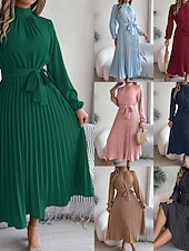 baratos Vestido Simples-Mulheres Vestido midi vestido de cetim Vestido de festa Vestido Coquetel Vestido franzido Elegante Moderno Festa de Noite Festa Encontro Normal Tecido Manga Longa Colarinho Chinês Preto Rosa Vinho