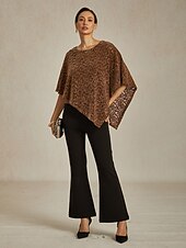 tanie Eleganckie bluzki-Damskie Bluzka Ponczo Bluzki koronkowe Cekiny Koronka iluzjonistyczna Elegancja Zabytkowe Półgolf Zwykłe topy Wieczorna impreza Gość weselny Stroje na imprezy wieczorowe Brązowy Wiosna Jesień