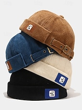 cheap Men's Hats-Men's Corduroy Brimless Beanie Hat, Retro Docker Cap with Adjustable Strap, Casual Streetwear Skullcap for Fall and Winter