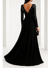 preiswerte A-Linie Abendkleider-Abendkleid in A-Linie mit schwarzer Krawatte, elegantes Abendkleid für formelle Hochzeiten, bodenlang, lange Ärmel, V-Ausschnitt, Pailletten mit Glitzerfalten 2025