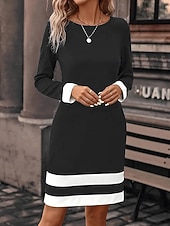 preiswerte Streifen- und geometrisches Kleid-Damen Minikleid T-Shirt-Kleid Shiftkleid Sommerkleid Urlaub Lässig Party Täglich Normale Passform Grafik Farbblock Langarm Rundhalsausschnitt Schwarz Marineblau Frühling Herbst Winter