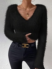 abordables Couleurs unies-Femmes Pull Mode Occasionnel Couleur Unie Côtelé Col en V Tricoté manche longue Hauts Réguliers Tricoter Extérieur Quotidien Week-end Noir Blanche Automne Hiver