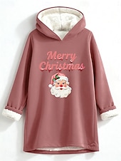 billige Julegensere og -gensere-Dame Pullover hettegenser-genser julenissen Varm Fritid Sherpa Fleece Langermet Med hette Lange topper Gate Hverdag Avslappet Trykt mønster Mørk Rosa Blå Grå Høst Vinter